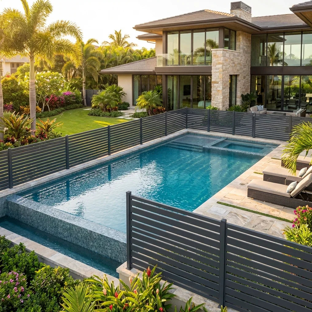 A beautiful black aluminum fence enclosing a pool backyard