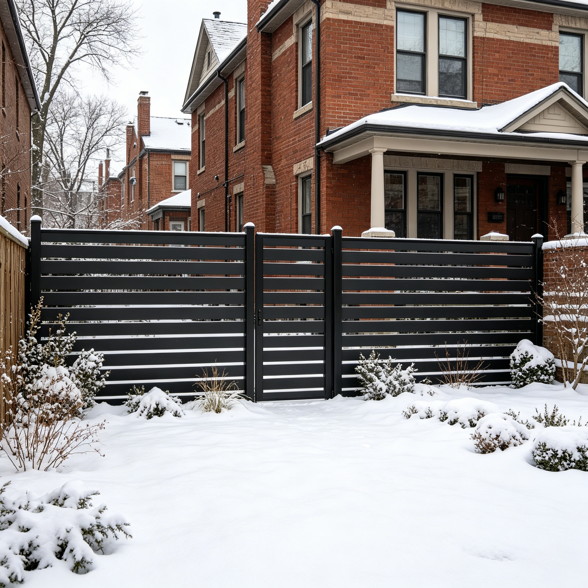 An aluminum fence enduring a Chicago snowstorm