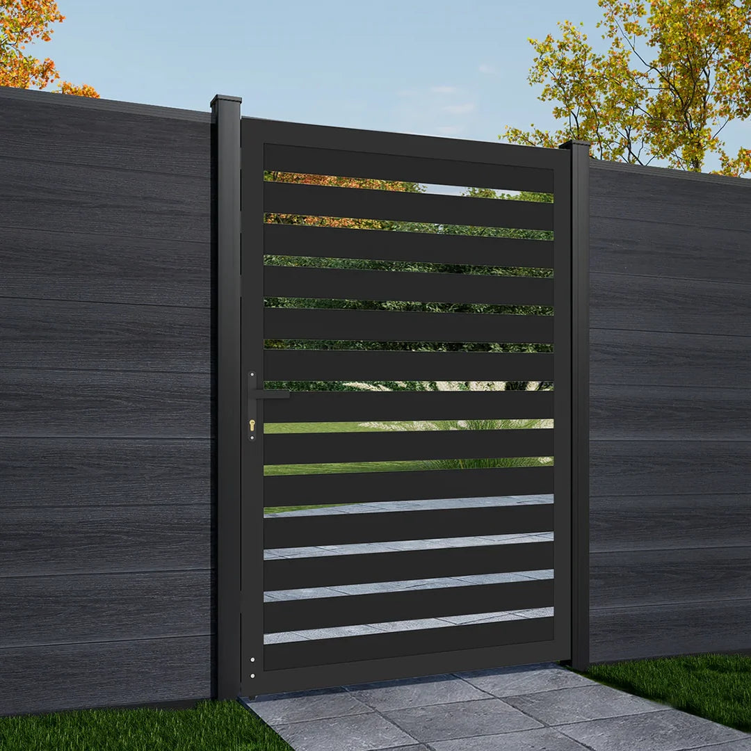 Durable weather-resistant black aluminum slat fence gate