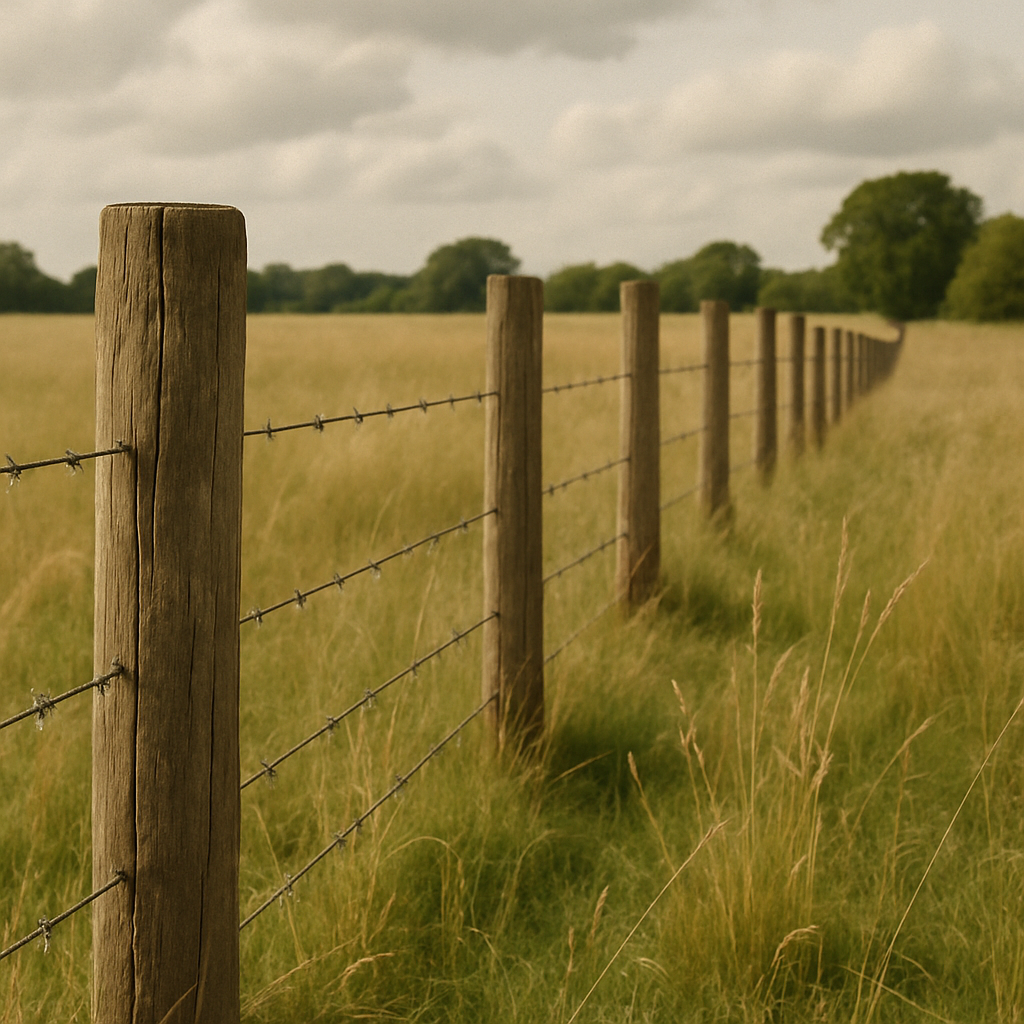 Wooden fence posts in a field