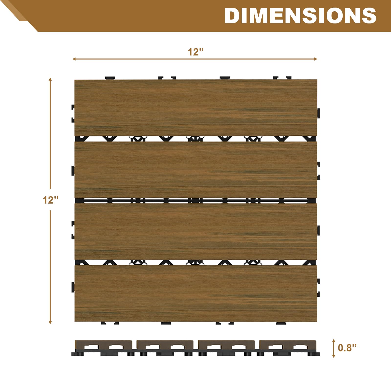 12"x12" Interlocking Deck Tiles, Composite Patio Deck Tiles for Outdoor Terrace and Deck