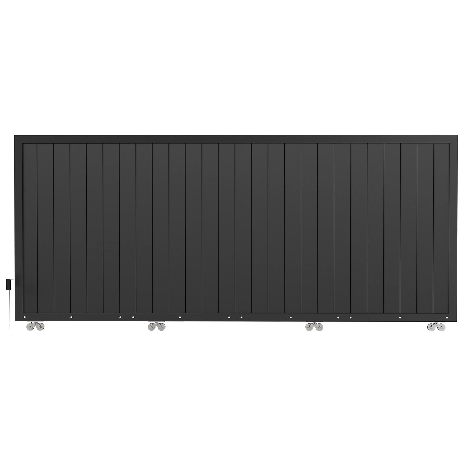 Isolated front view of 13.3ft x 5.6ft black aluminum vertical slat sliding gate.