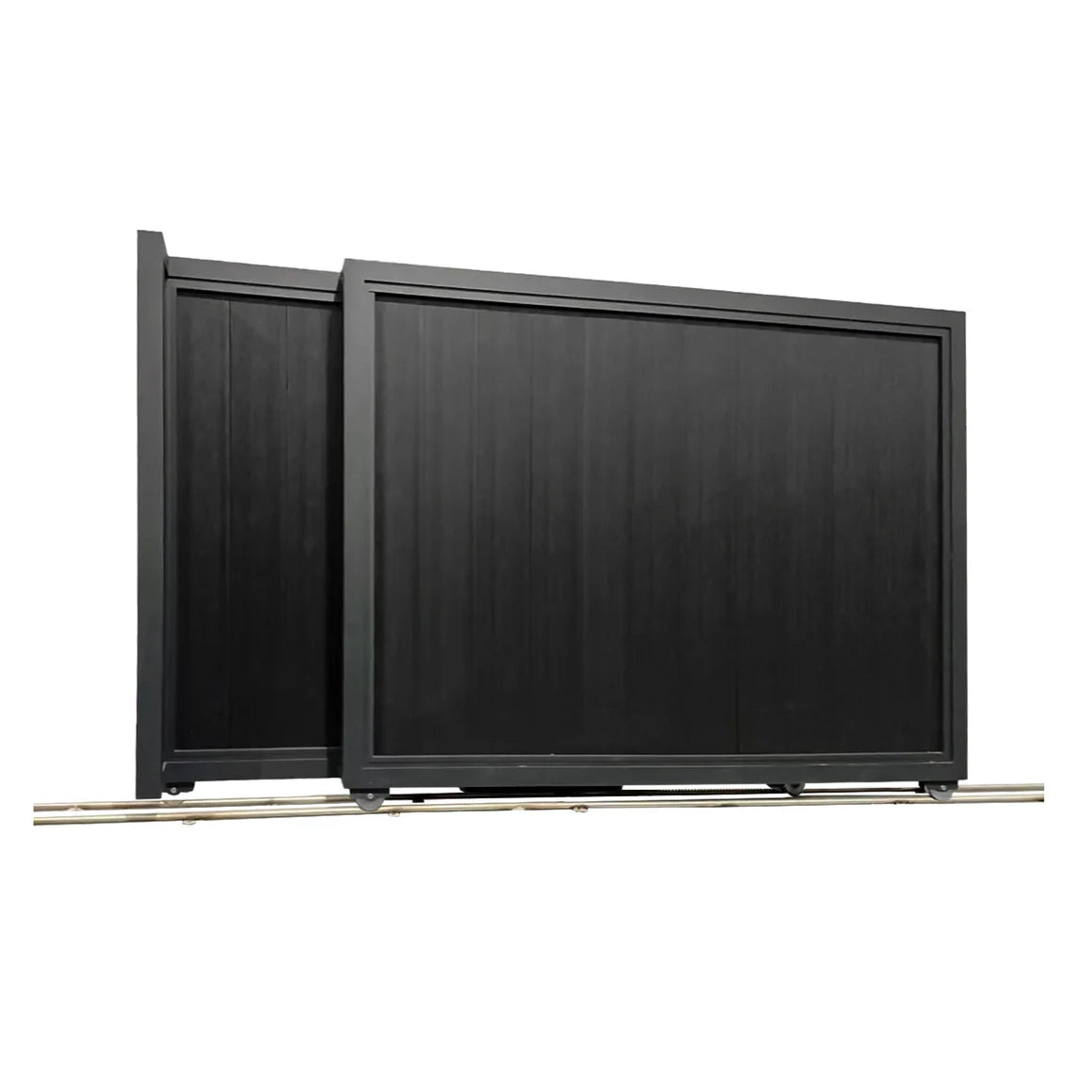 Black modern track sliding gate configuration showing full privacy panels and overlap design.