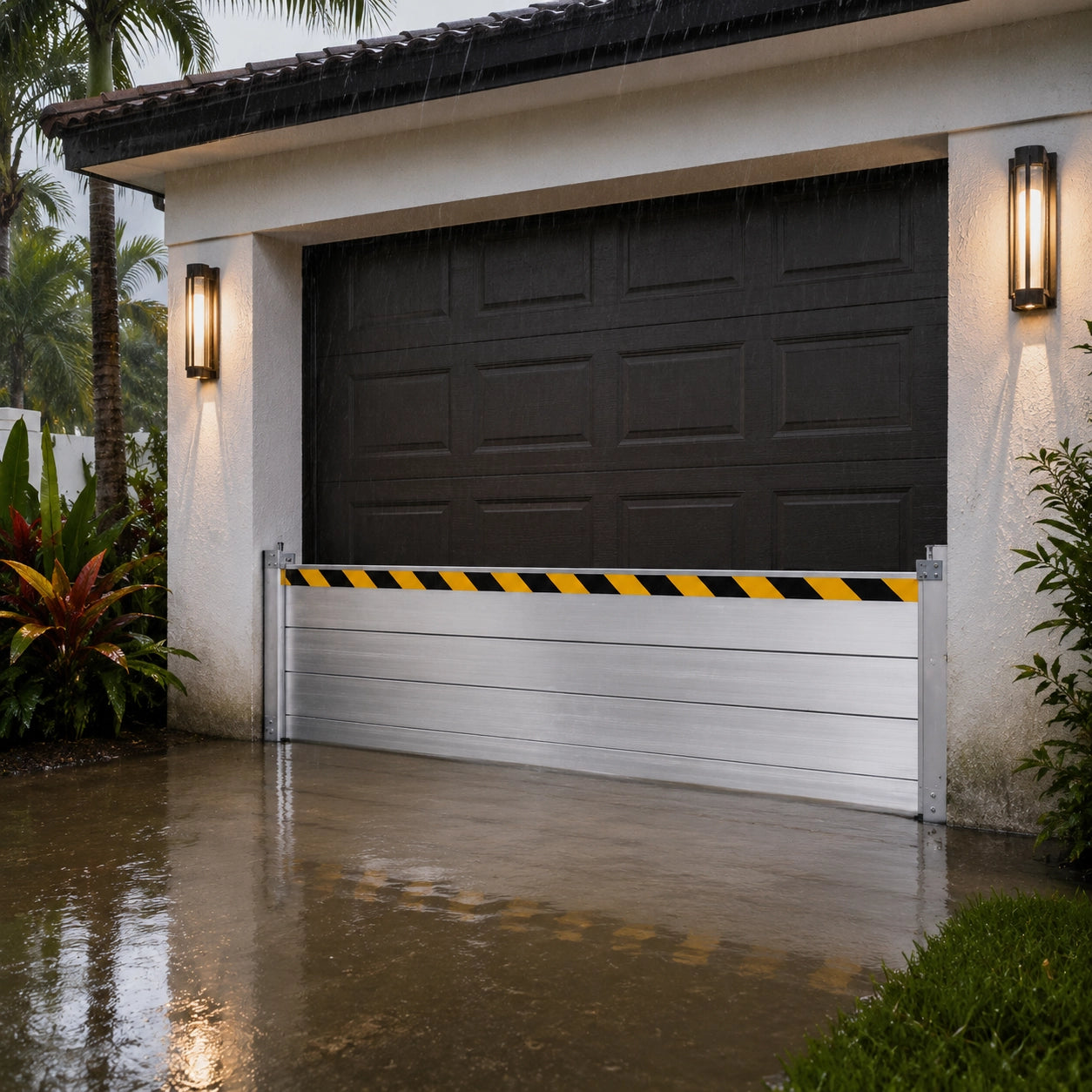 2ft high silver aluminum flood barrier gate installed in front of modern black garage door with standing water
