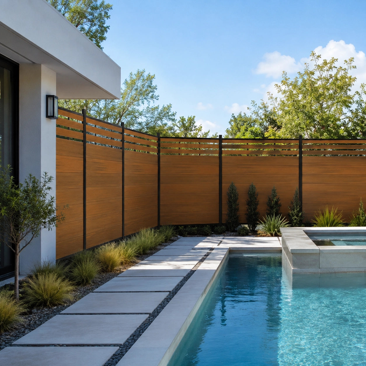 6ft wide wood-look composite privacy fence installed along a modern backyard swimming pool and concrete paver walkway.