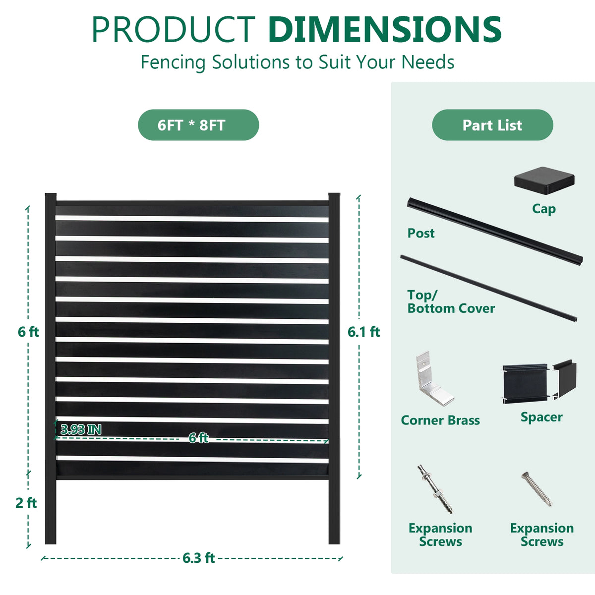 Product dimensions and parts list for 6ft wide aluminum horizontal slat fence panel with 8ft in-ground installation posts.