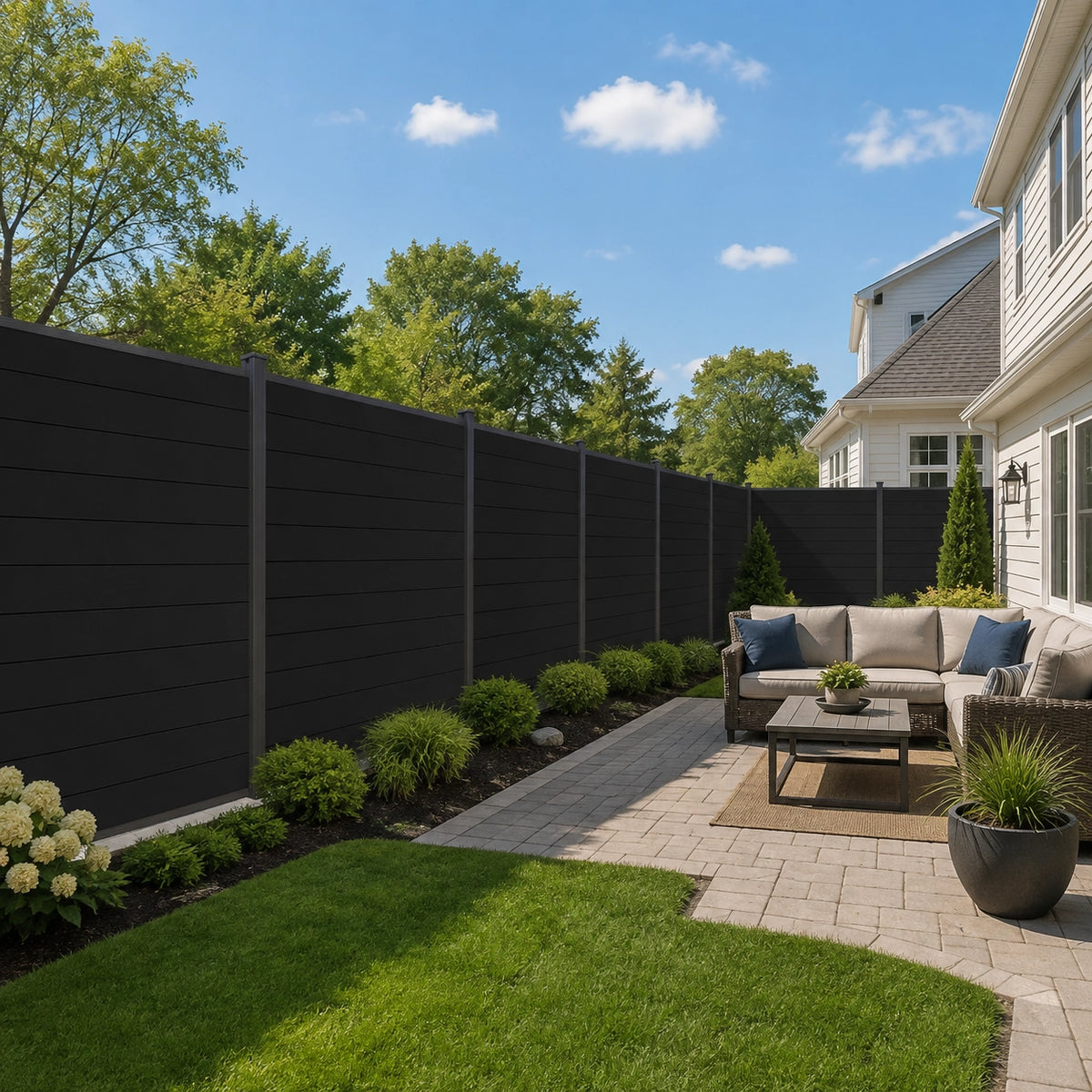 Multiple panels of 6ft wide black aluminum full privacy fence installed along a backyard perimeter.