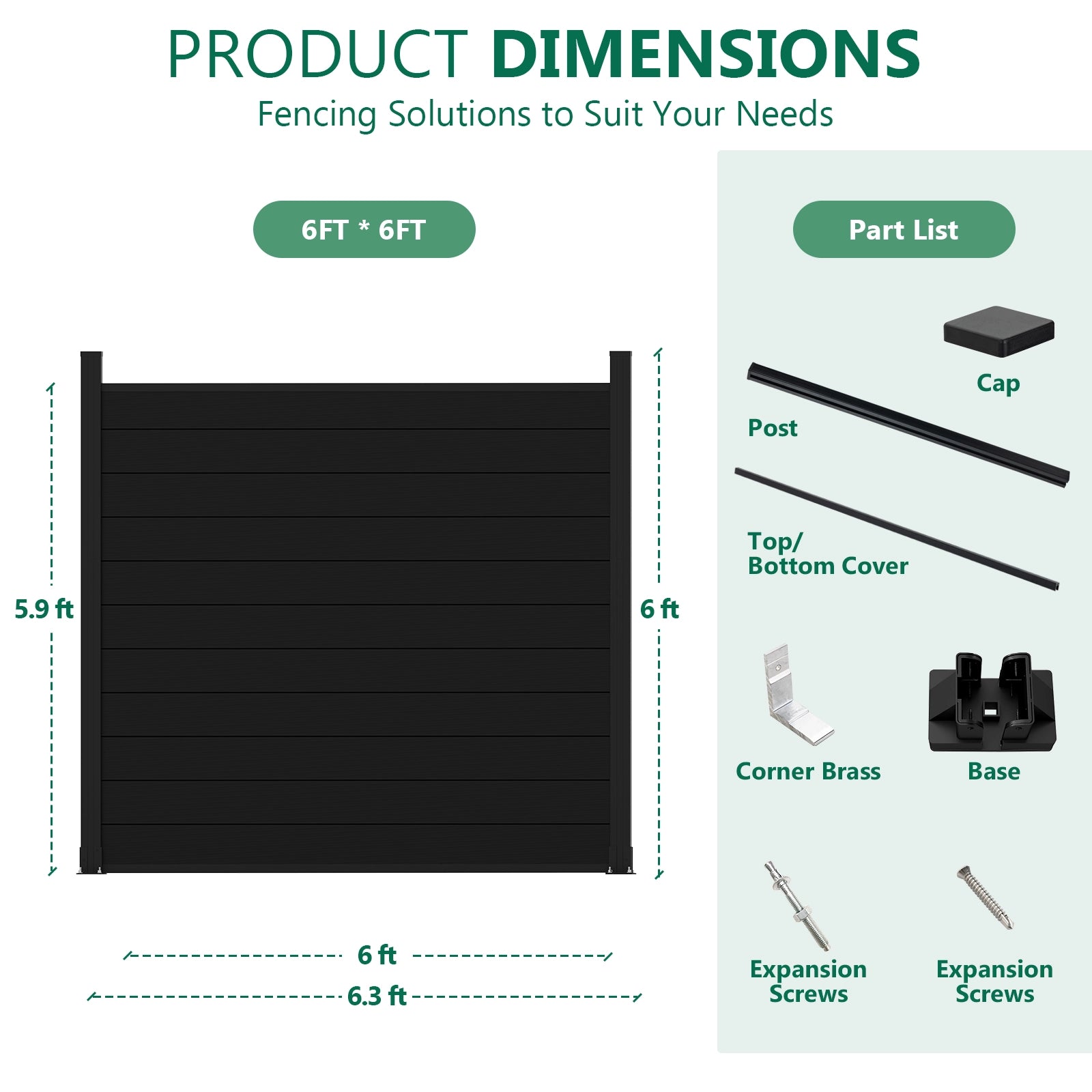 Product dimensions and parts list for 6ft wide black aluminum full privacy fence panel with 6ft surface-mount base flanges.