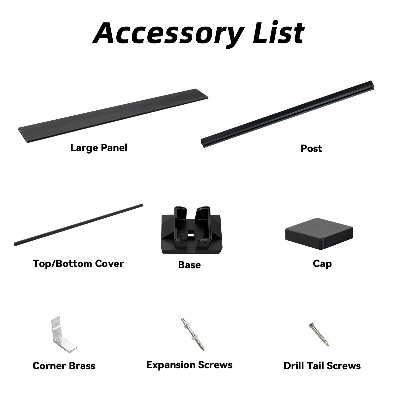 Product dimensions and parts list for premium 6ft x 6ft black WPC composite full privacy fence panel with wood finish.