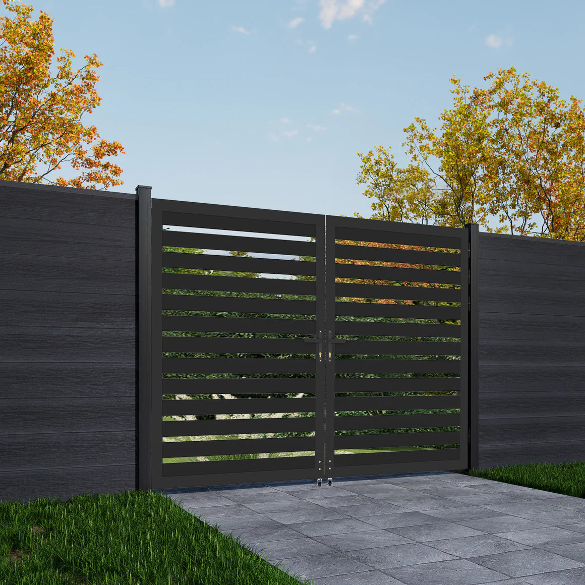 6ft High Black Aluminum Double Fence Gate with Horizontal Slats, Modern Outdoor Gate for Backyard or Driveway, 6ft, 8ft, and 10ft Wide