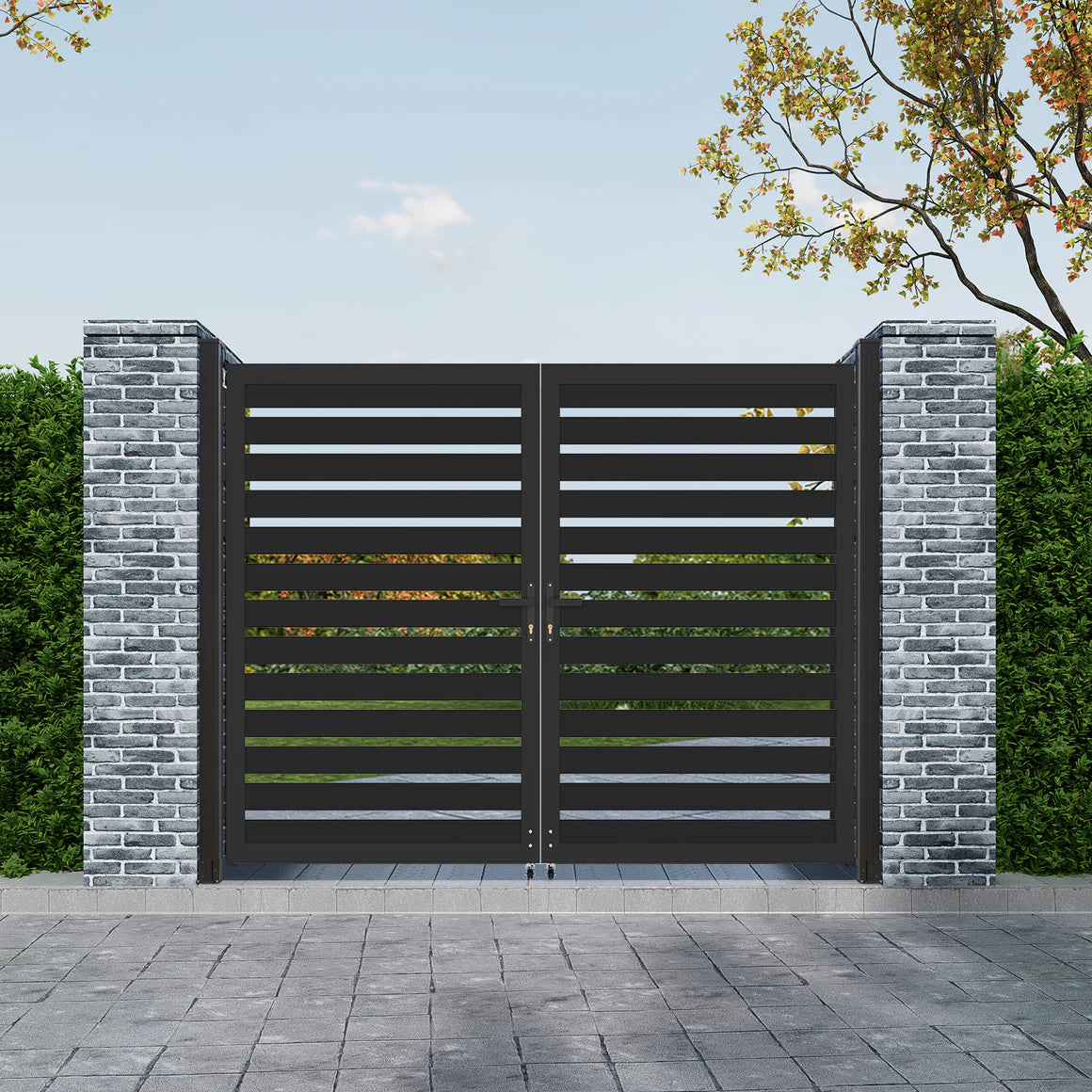 6ft High Black Aluminum Double Fence Gate with Horizontal Slats, Modern Outdoor Gate for Backyard or Driveway, 6ft, 8ft, and 10ft Wide