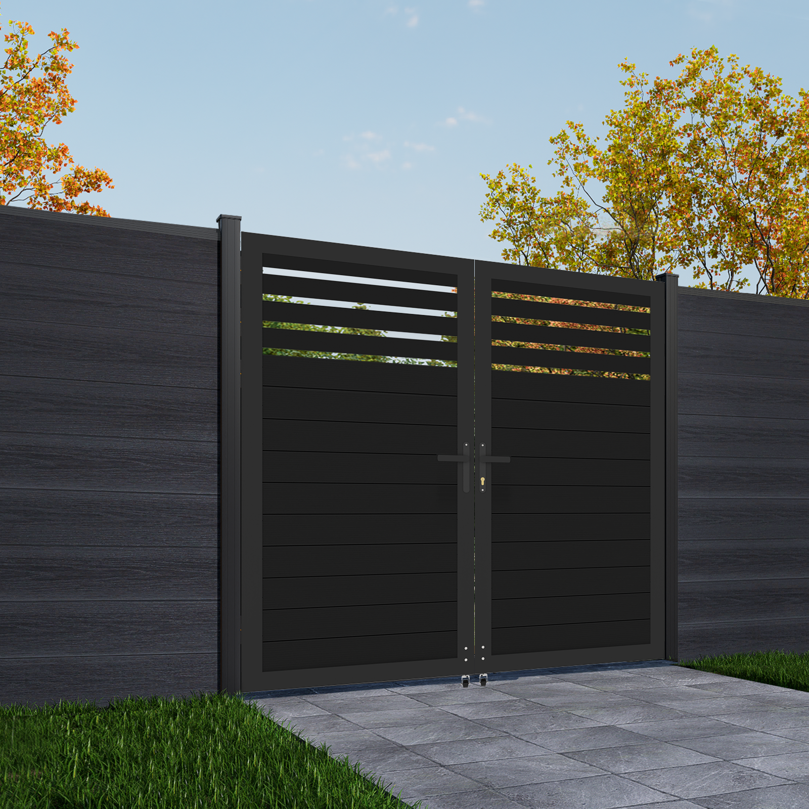 6ft High Black Aluminum Semi-Privacy Fence Gate, Modern Double Gate for Backyard or Driveway, 6ft, 8ft, and 10ft Wide