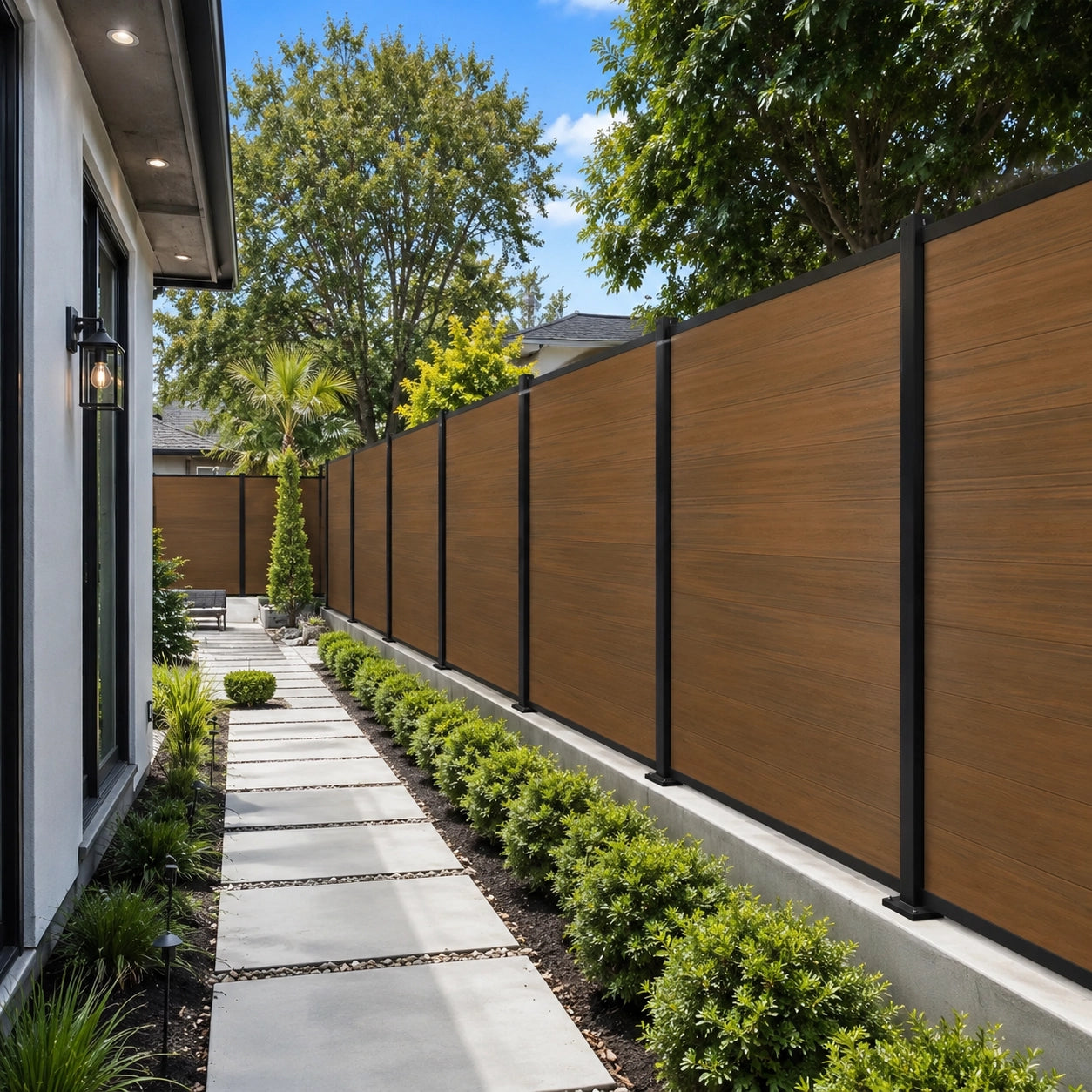 6ft x 6ft composite privacy fence panels with black aluminum posts running along a modern house side yard concrete walkway.