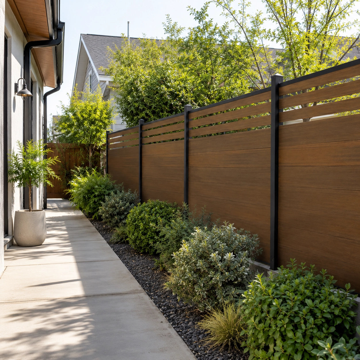 Multiple panels of 6ft x 6ft slat top semi-privacy composite fence installed along a backyard lawn.