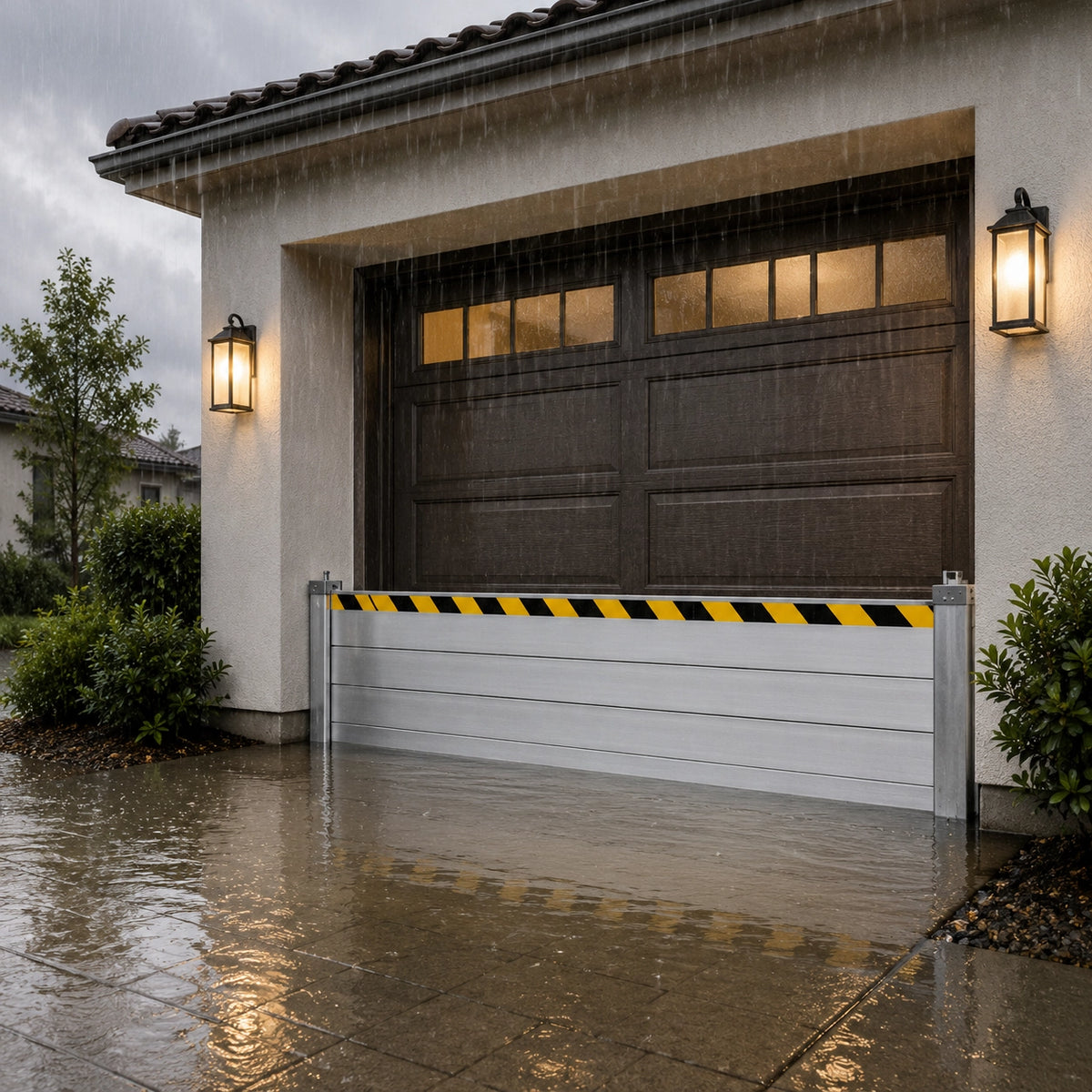 8ft x 2ft silver aluminum garage door flood barrier installed on driveway for home flood protection