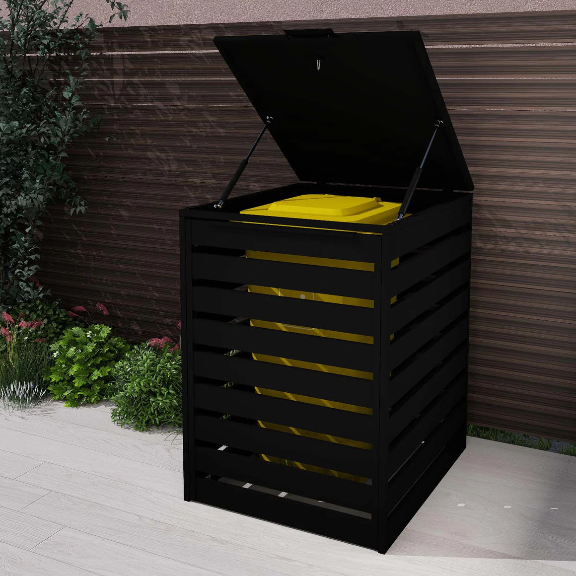 Black Aluminum Trash Can Enclosure with Horizontal Slats, Outdoor Garbage Bin Fence 35.4x40x47.2 in