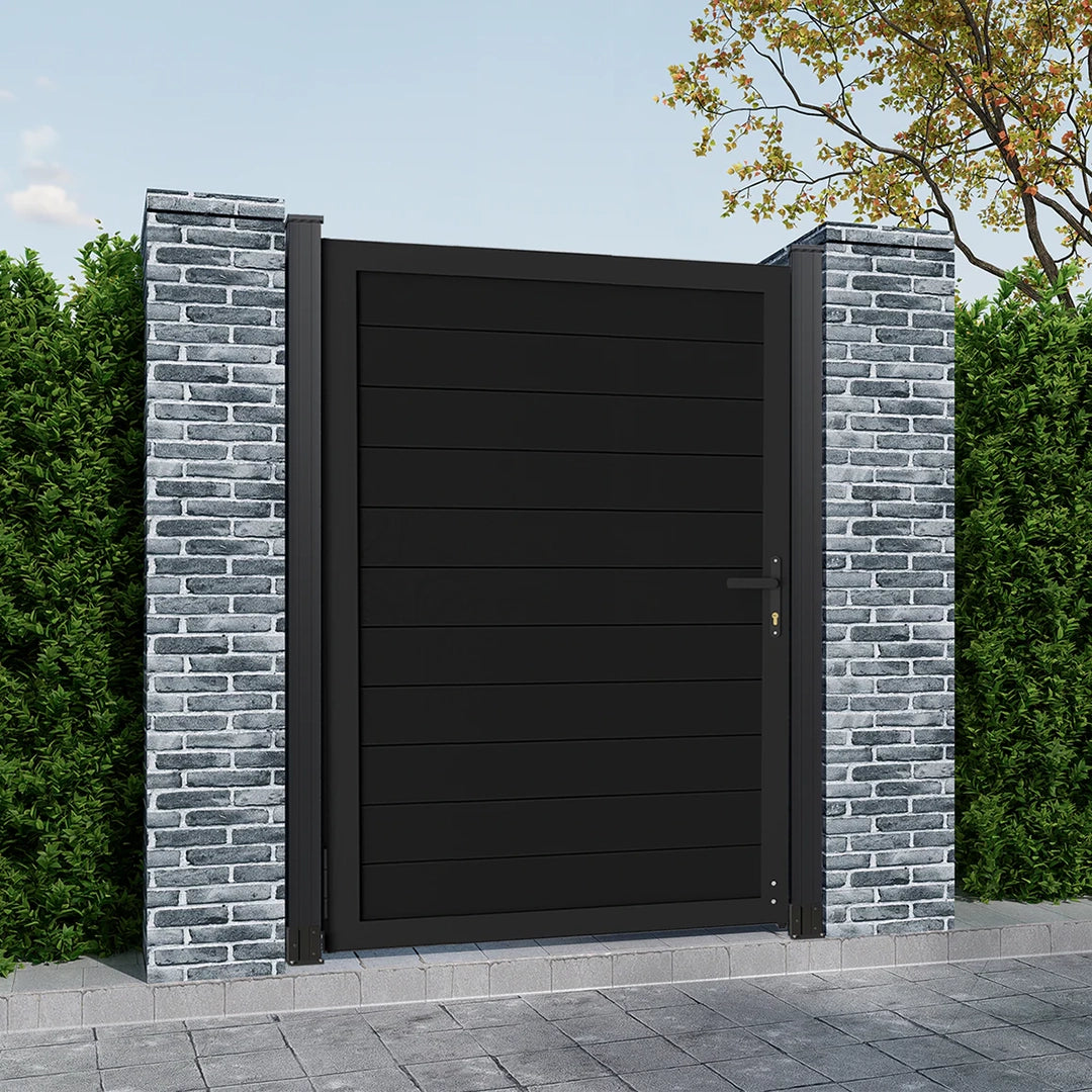 Modern black metal privacy gate for outdoor fencing