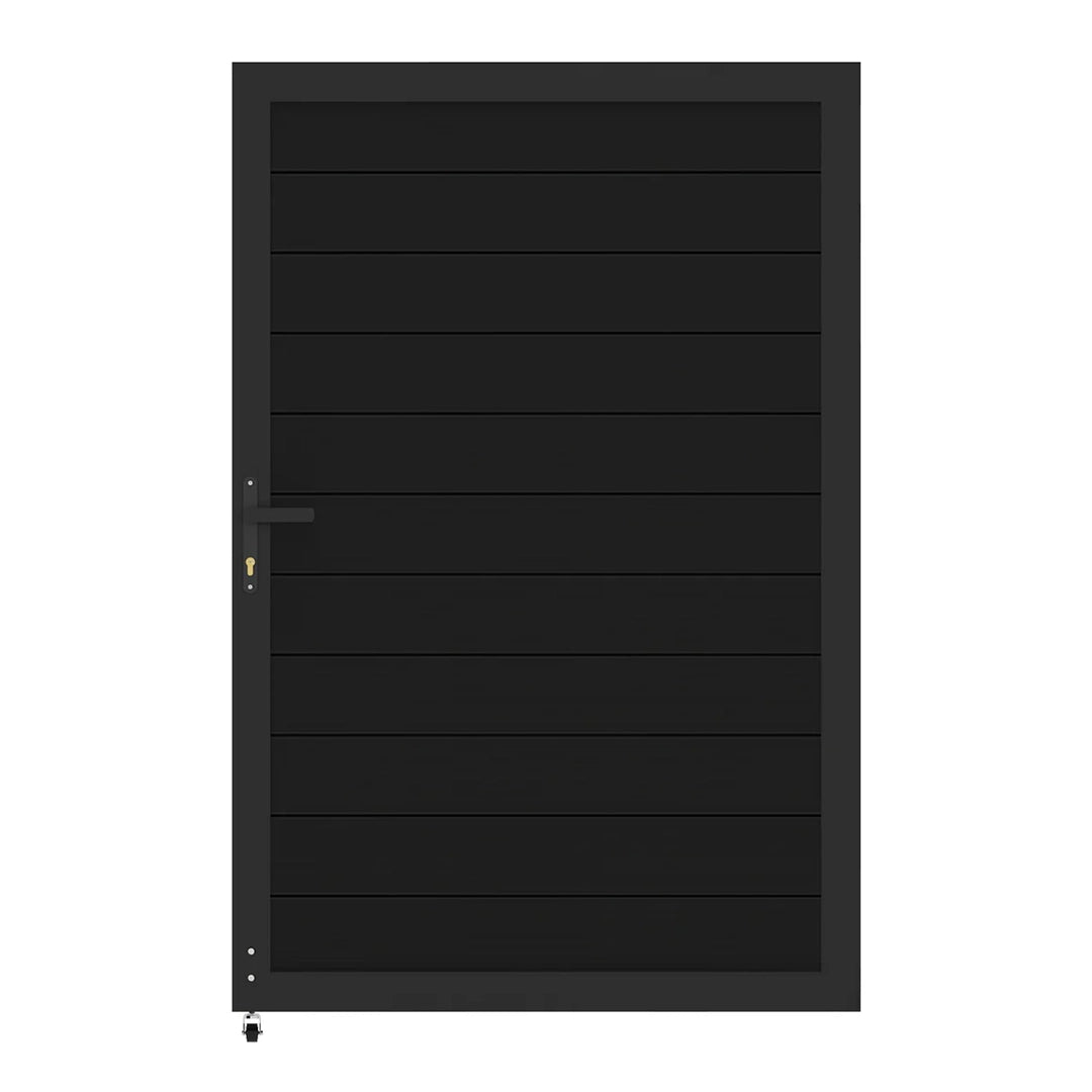 Aluminum garden gate with full privacy panel and sleek black finish