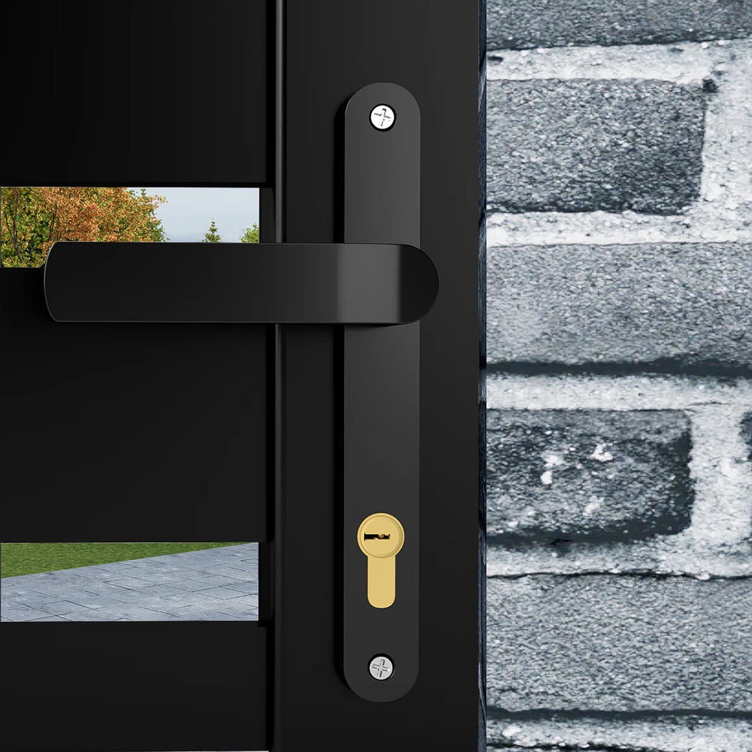 Weatherproof black aluminum slat gate for outdoor spaces
