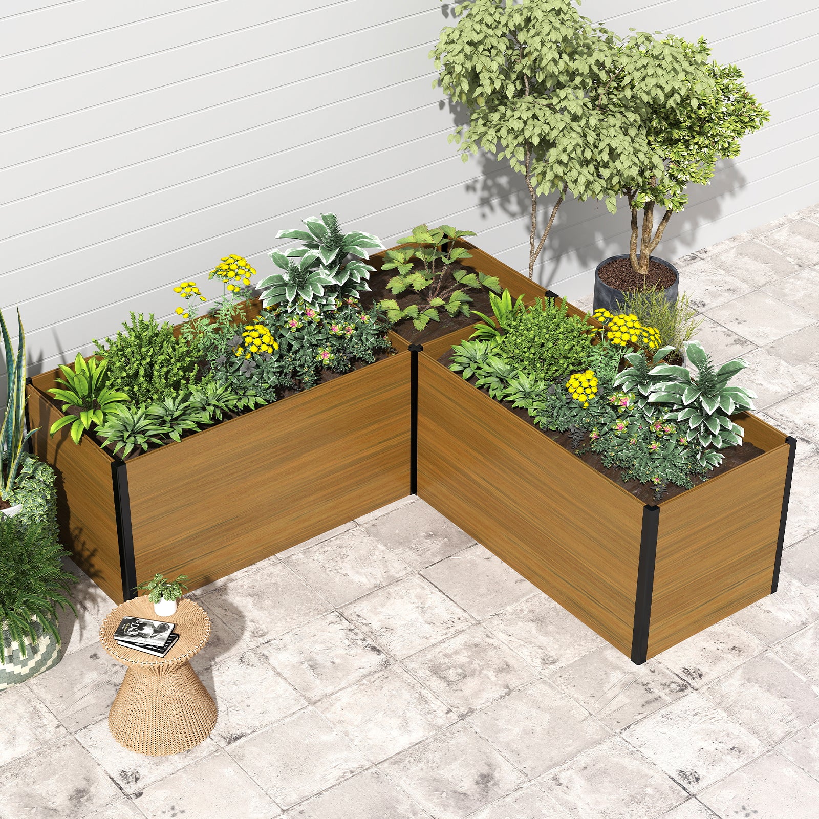Courtyardmart 89.4in L-Shaped Outdoor Garden Box Raised Planter Bed Above Ground Garden Bed for Flowers or Vegetables in Backyard Patio Balcony or Garden