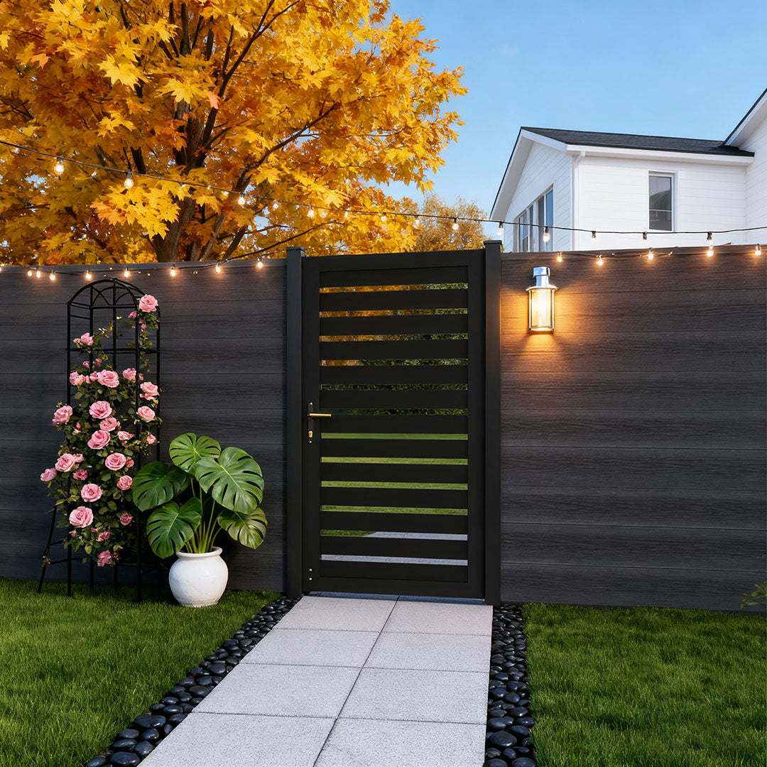 Courtyardmart 6ft x 3ft Black Striped Aluminum Fence Gate Set for Garden, Backyard, or Patio. Durable Outdoor Fence Gate for Home