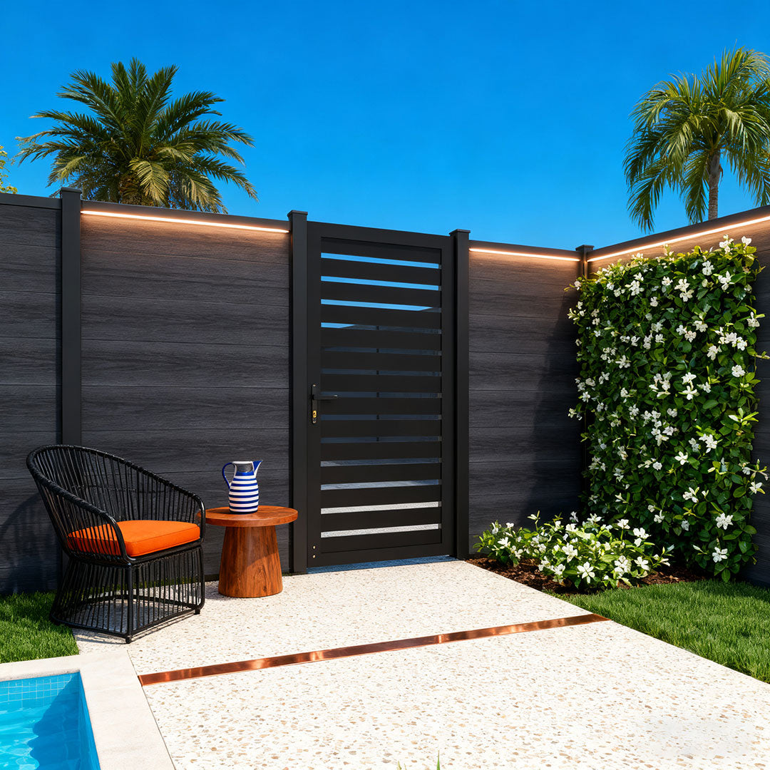 Courtyardmart 6ft x 3ft Black Striped Aluminum Fence Gate Set for Garden, Backyard, or Patio. Durable Outdoor Fence Gate for Home