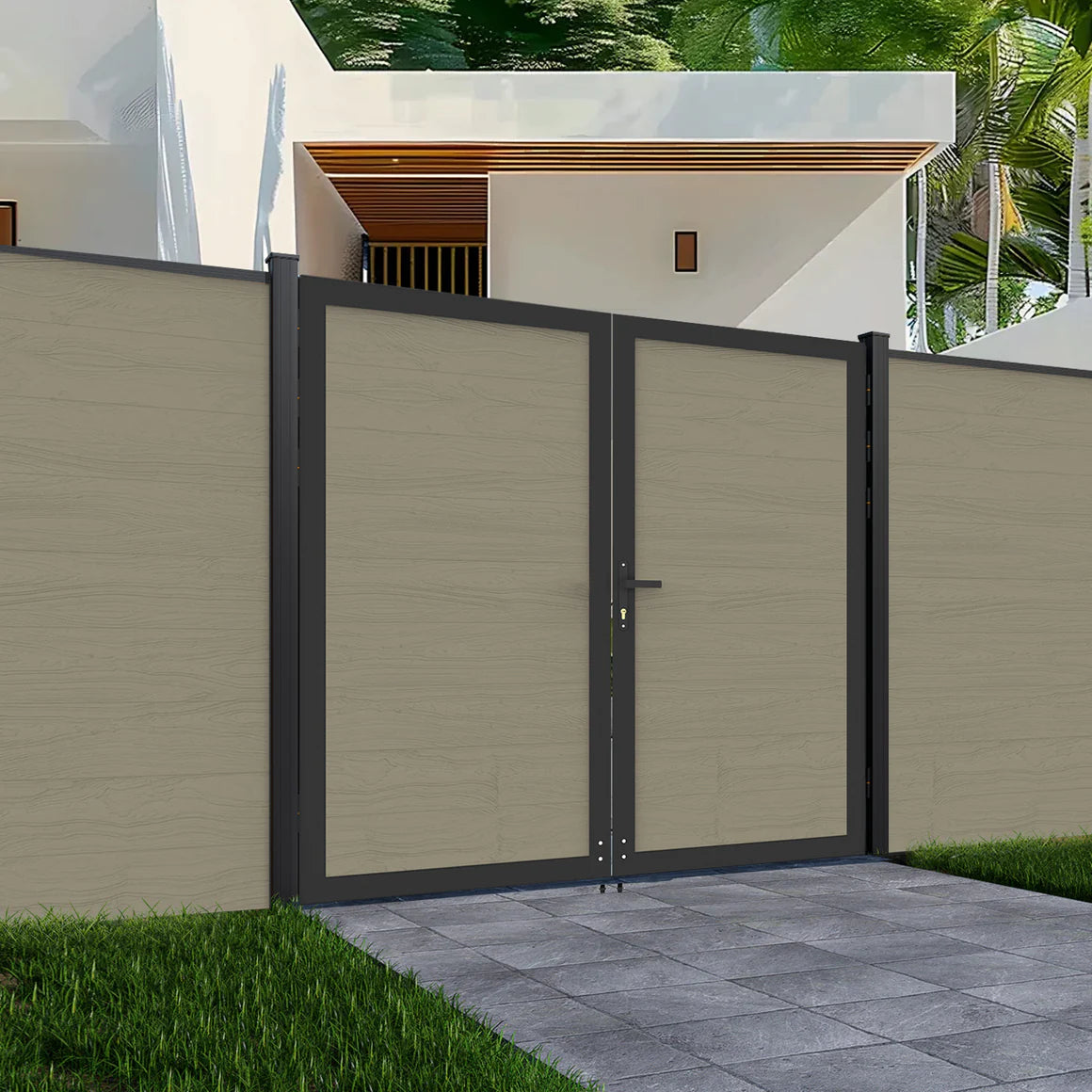 Weather-resistant composite double door gate for outdoor fencing