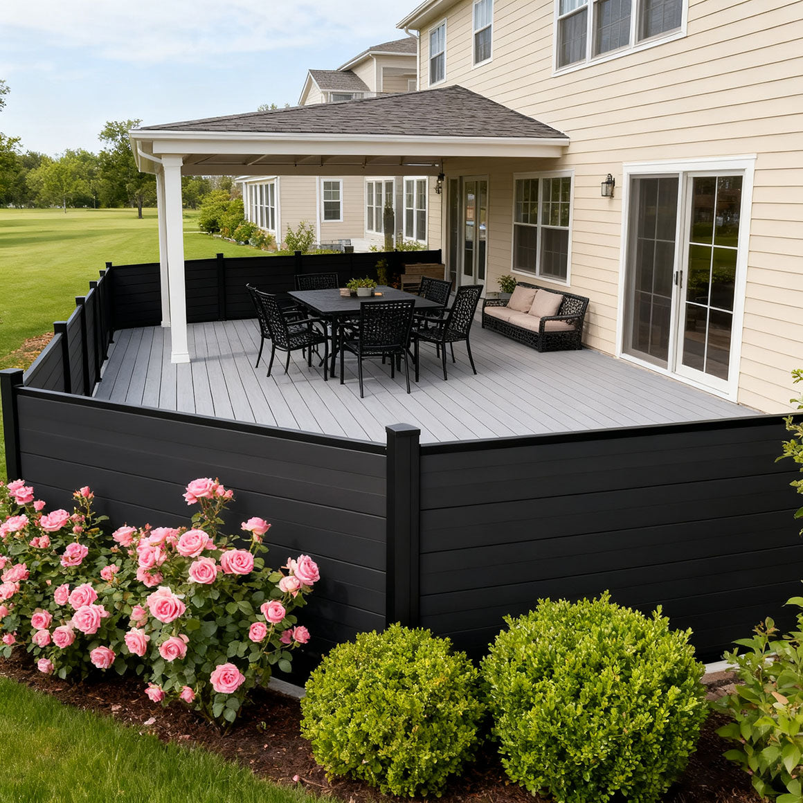 Waterproof UV resistant aluminum fence panel on patio for modern outdoor design