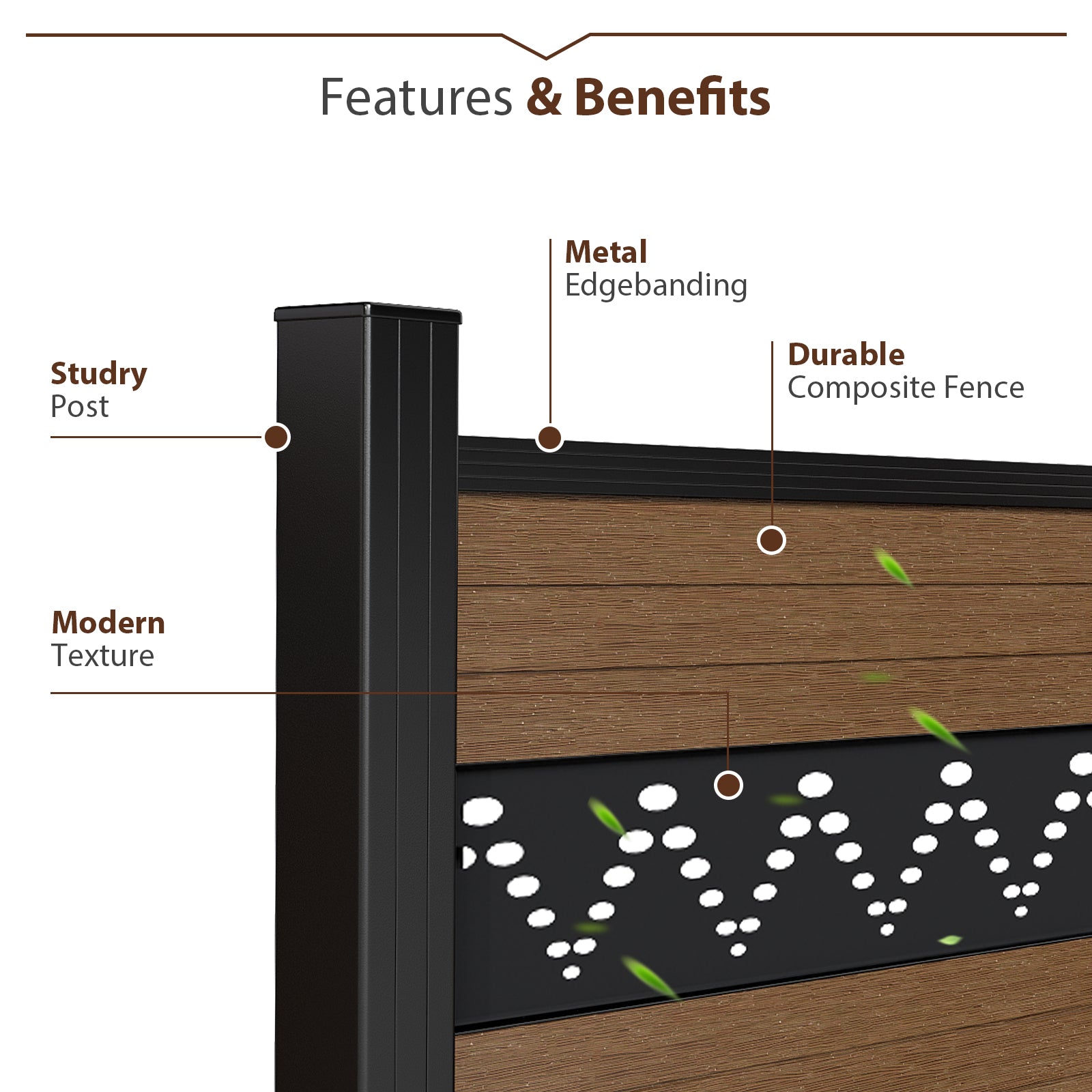 Patio and garden composite fence boards with wood finish