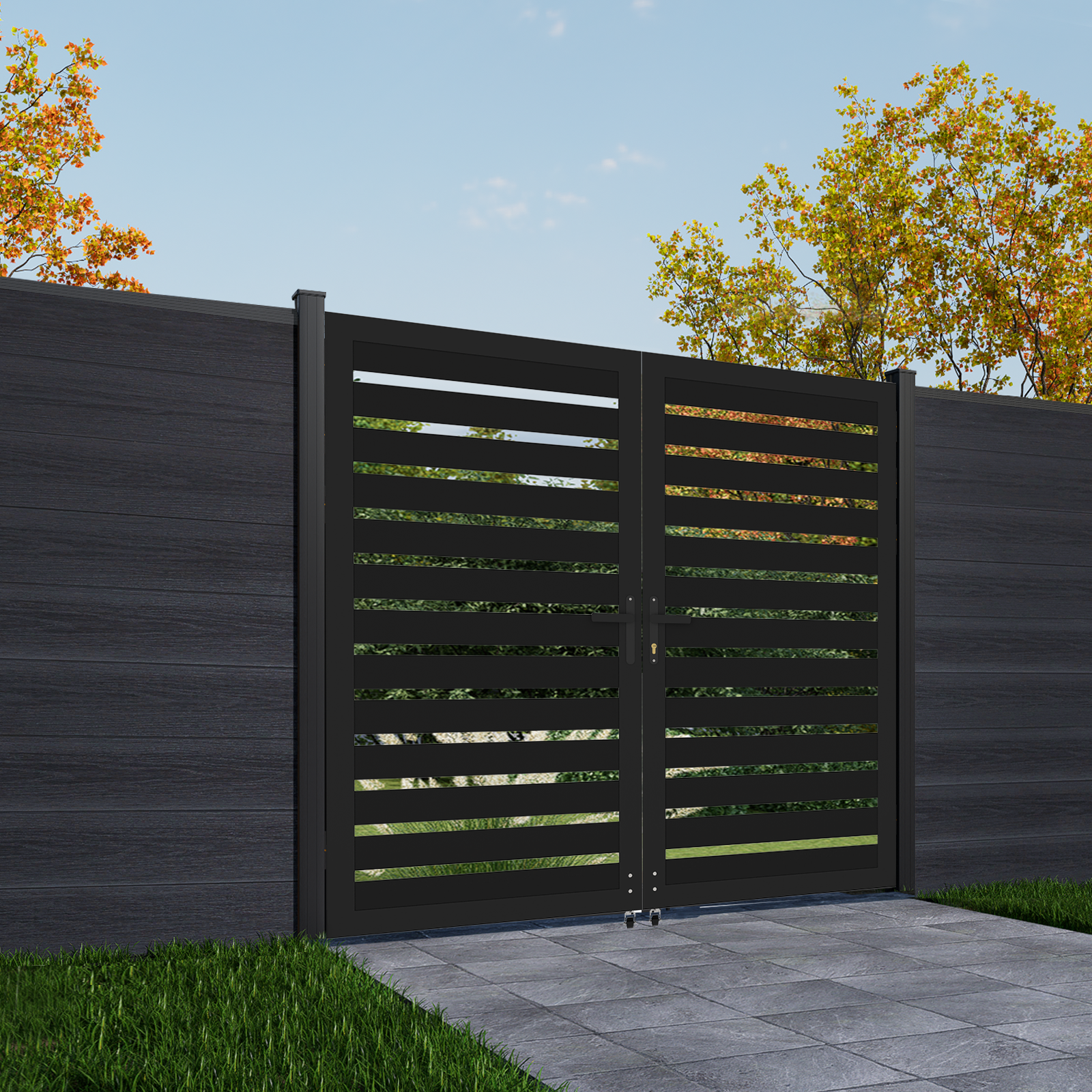 Modern 6ft High Aluminum Slat Double Fence Gate – 6ft, 8ft, & 10ft Width Options