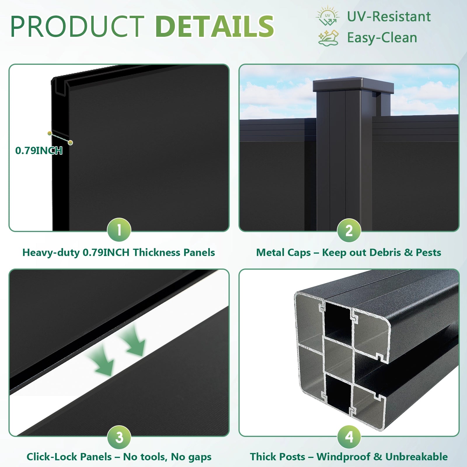 Close-up details of the aluminum privacy fence panel and horizontal slat construction