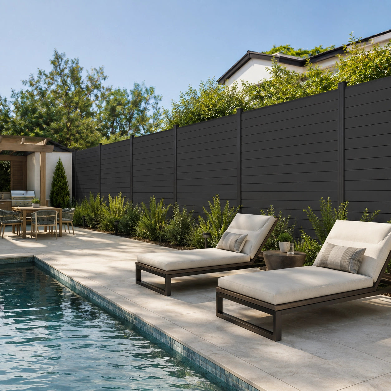 6 ft x 6 ft aluminum privacy fence creating a private backyard pool area