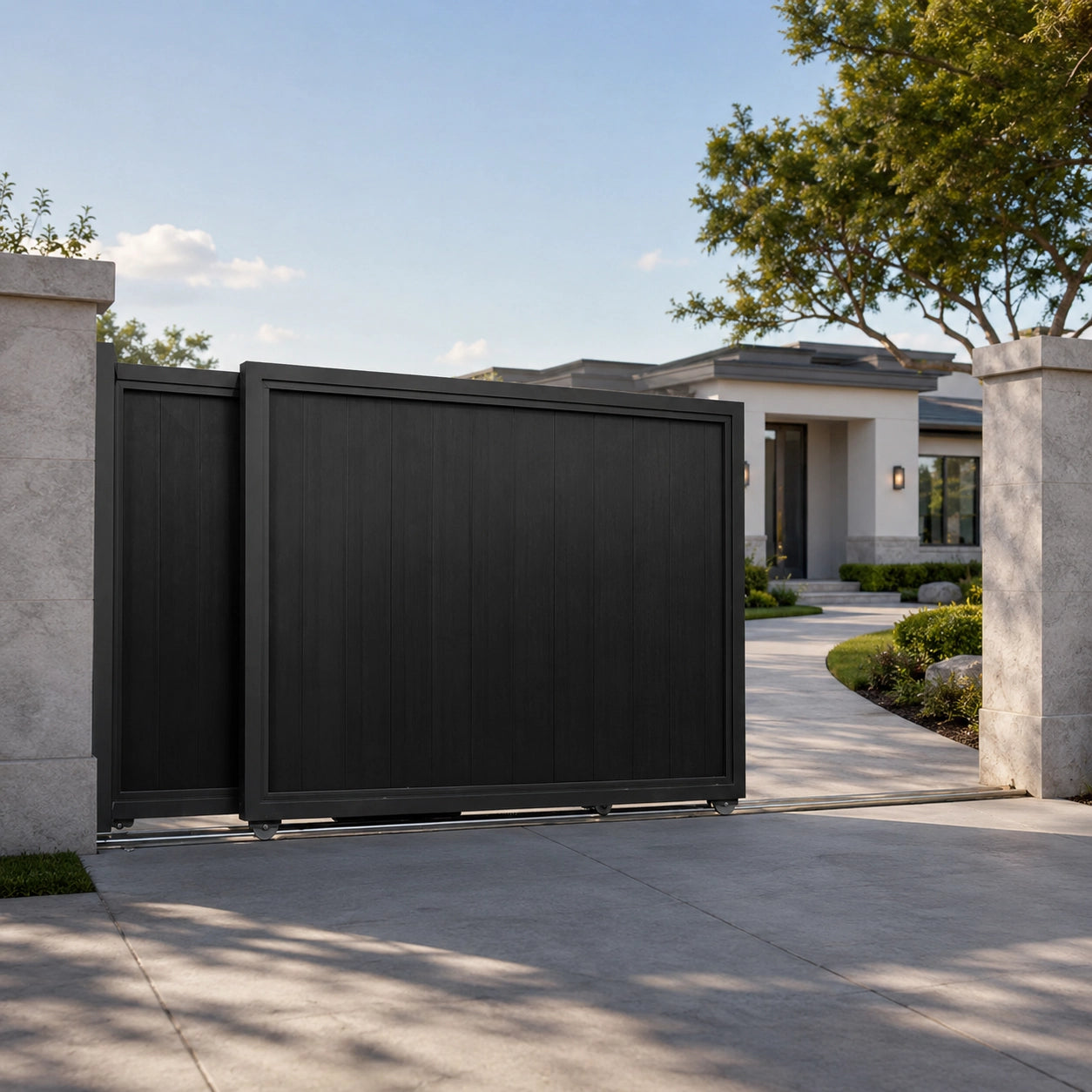 Heavy duty aluminum sliding driveway gate partially open at a modern luxury home entrance.
