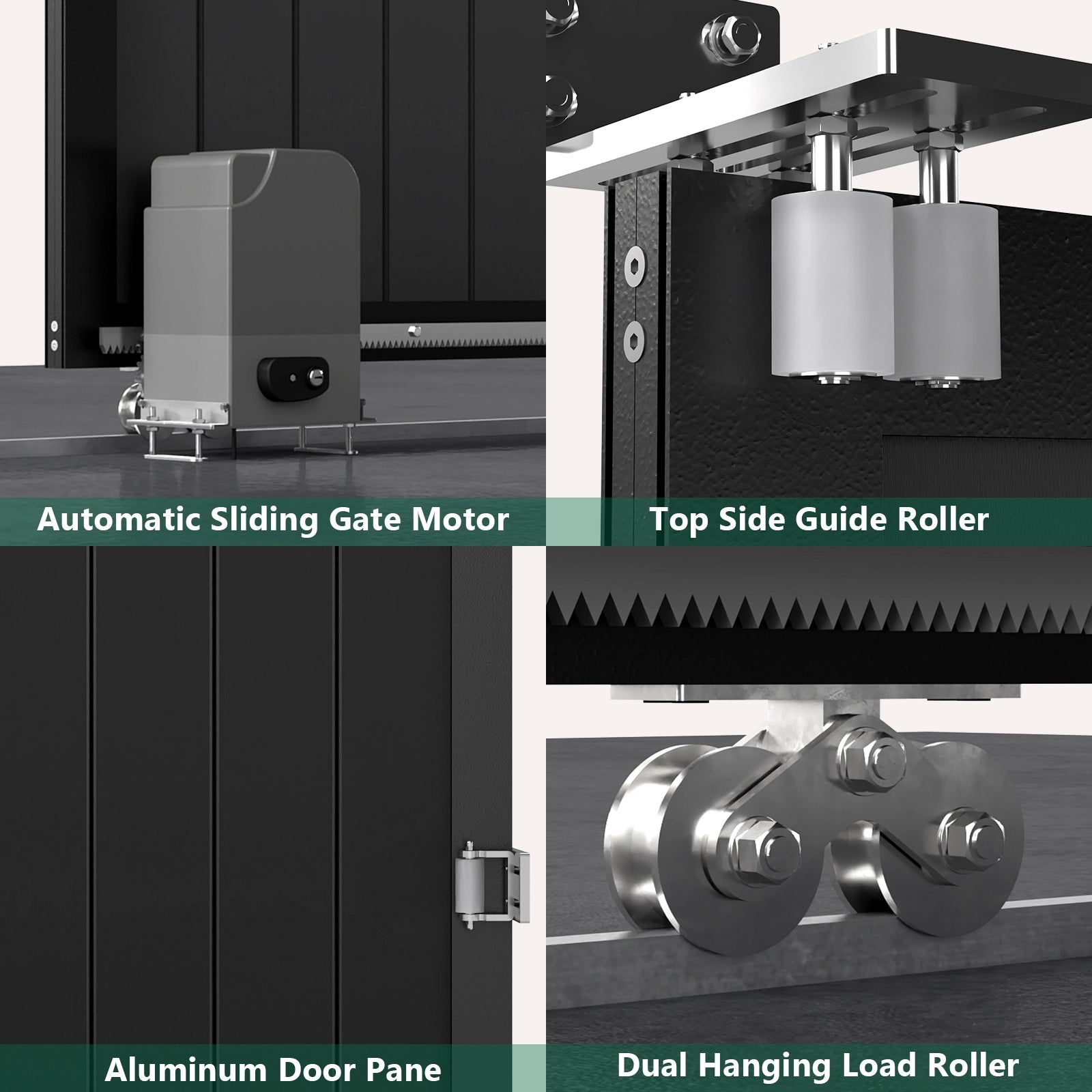 Detailed view of automatic sliding gate motor, top guide rollers, and aluminum floor rack system.