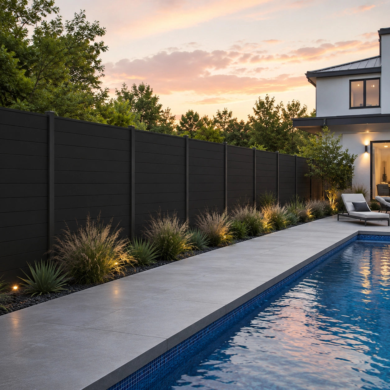 Modern 6ft wide black aluminum privacy fence panel with posts set against green lawn and residential house.