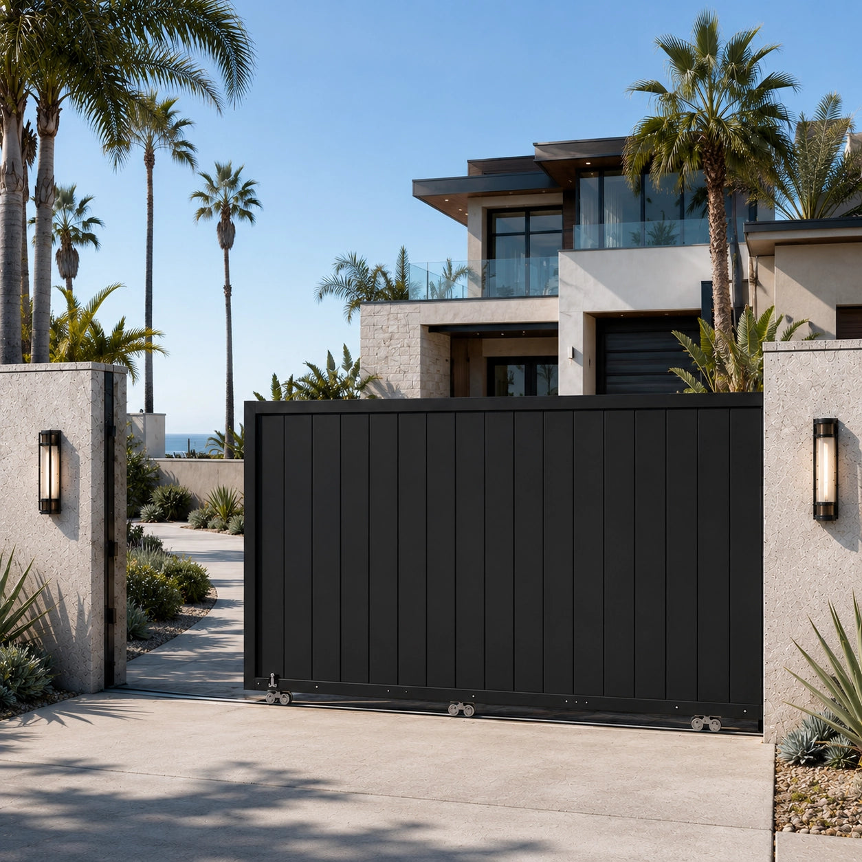 Automatic 13.3x5.6ft black aluminum sliding driveway gate installed at modern luxury villa entrance.