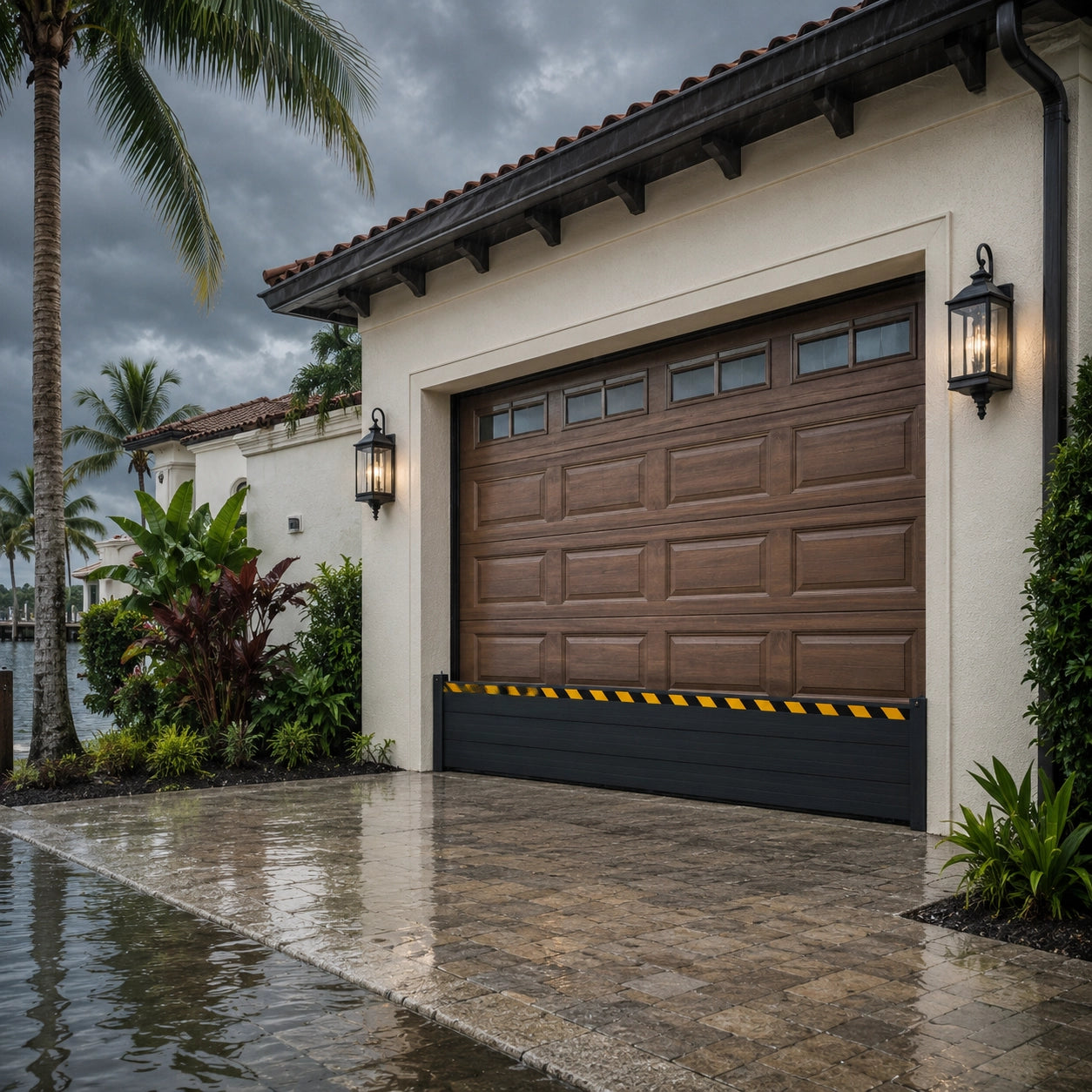 Matte black aluminum garage door flood barrier sealing wooden residential garage entrance