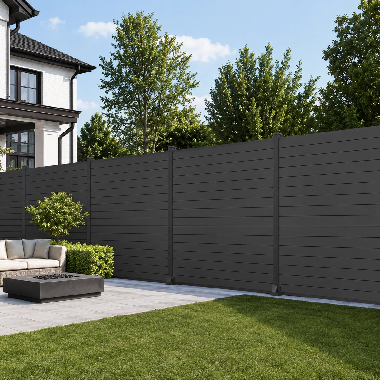 Modern horizontal slat aluminum privacy fence surrounding a residential backyard