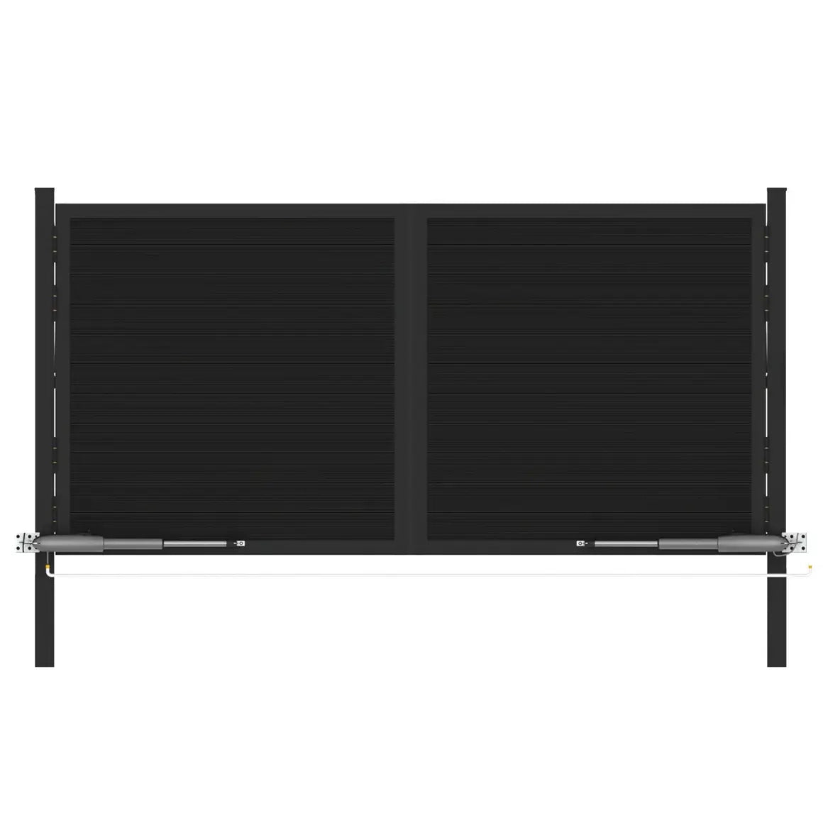 Full kit of modern black aluminum double driveway gate for automatic opening systems.