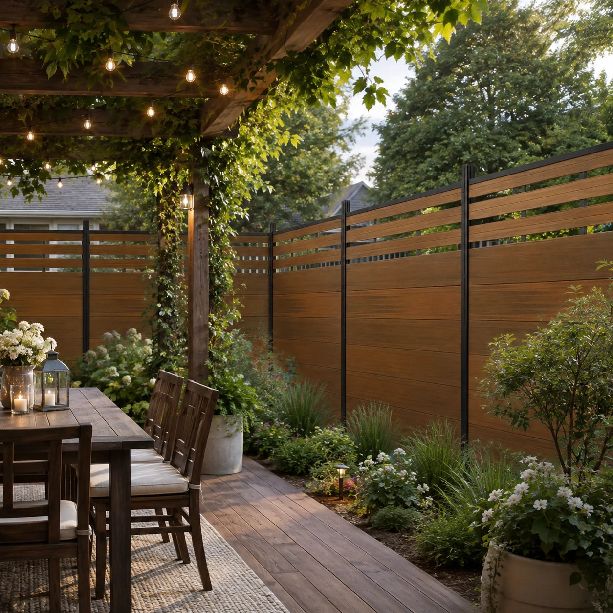 Modern wood-finish composite fence panel with open slat top in a cozy backyard patio dining area with pergola and string lights.