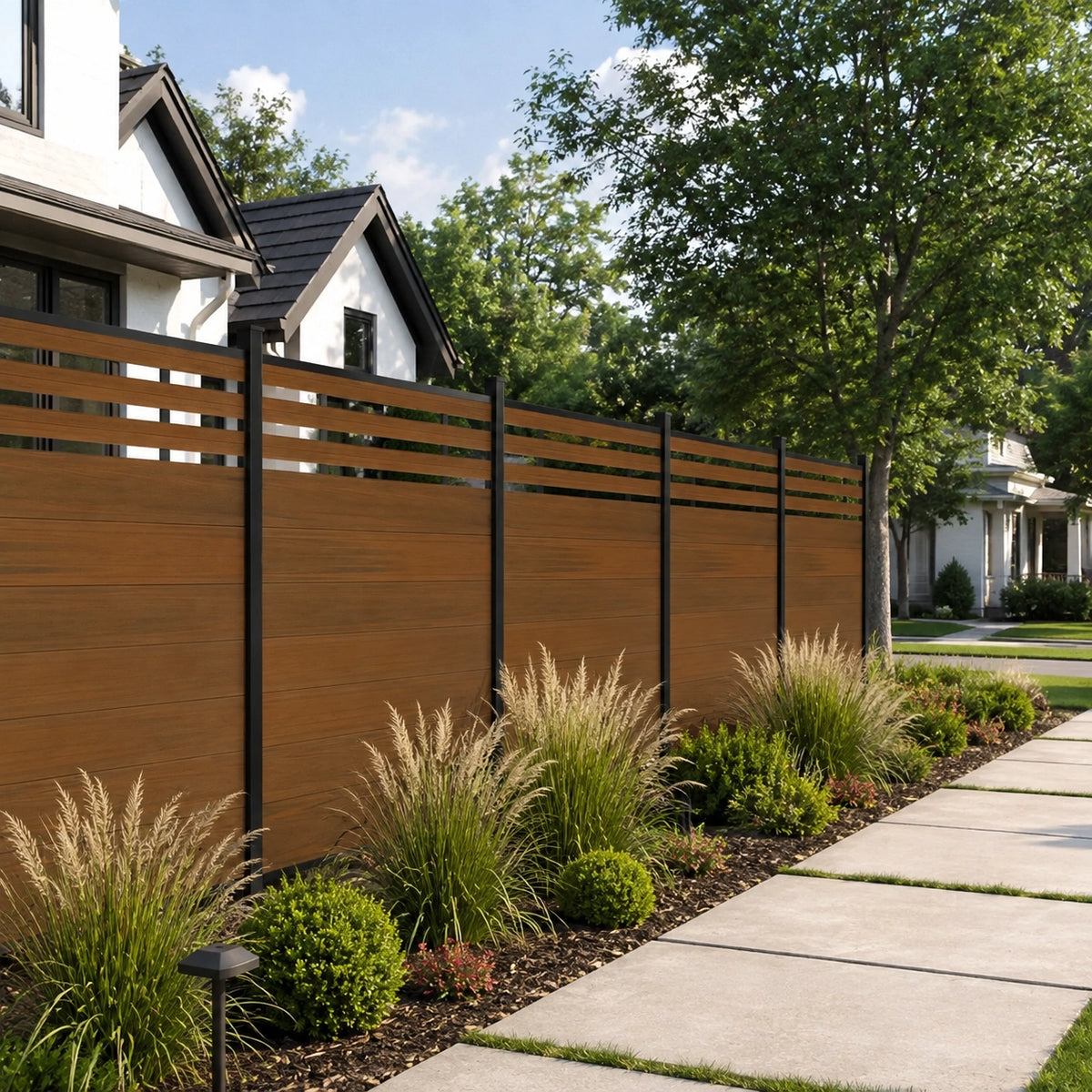 Modern composite fence panel with black metal posts and upper slat top along a concrete walkway and landscaped garden bed.