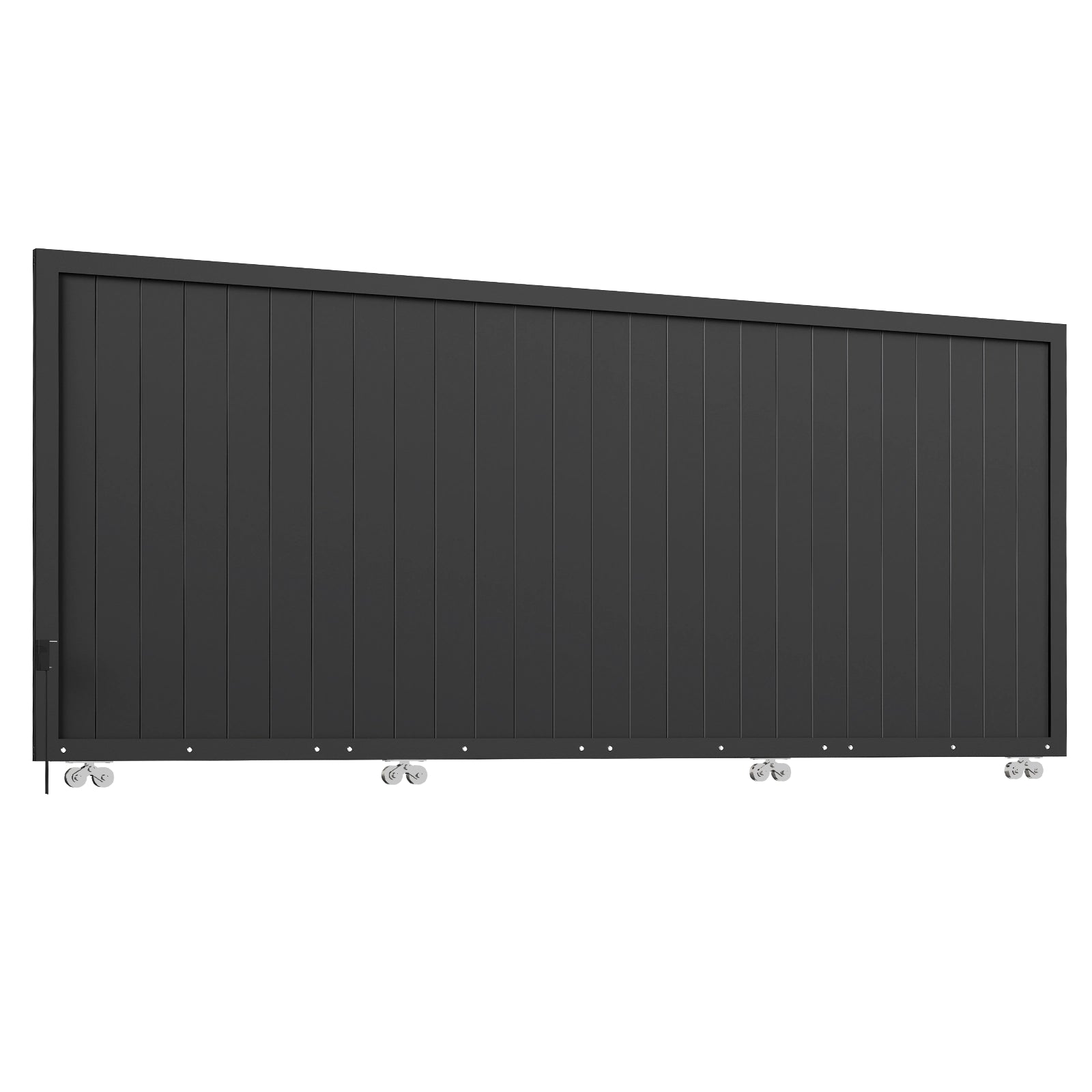 Perspective view of 13.3ft vertical slat black aluminum sliding security gate.