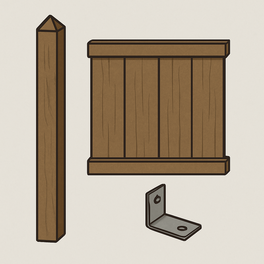 A clean, simple image showing a single fence post with a panel next to it and a bracket in the foreground, clearly separated to show the three distinct parts