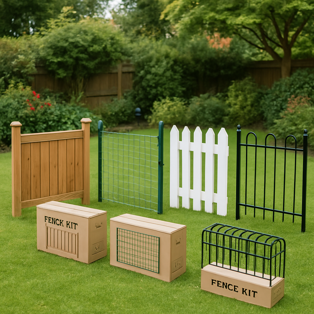 A variety of DIY fence kits displayed in a garden setting