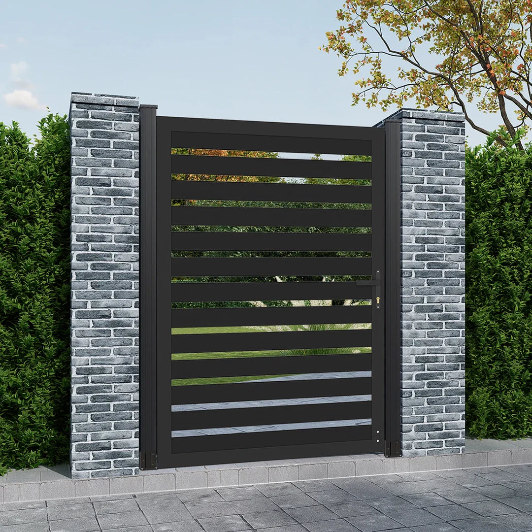 A modern aluminum fence gate with sleek design