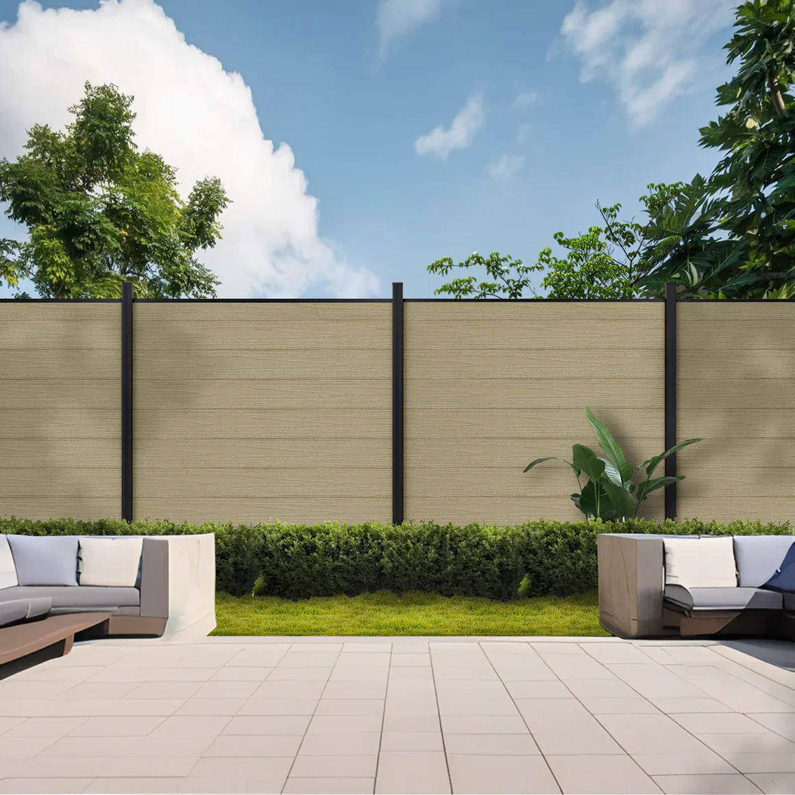 Maintenance-free composite fence board panels in wood tone