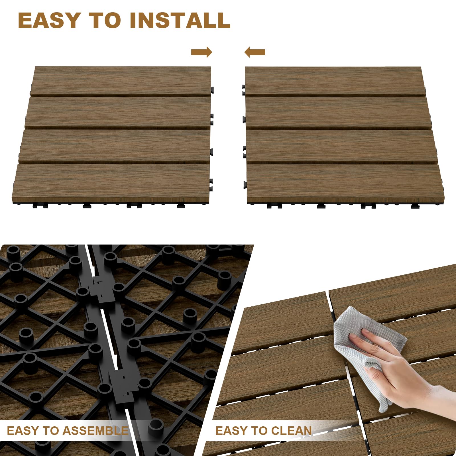 12"x12" Interlocking Deck Tiles, Composite Patio Deck Tiles for Outdoor Terrace and Deck