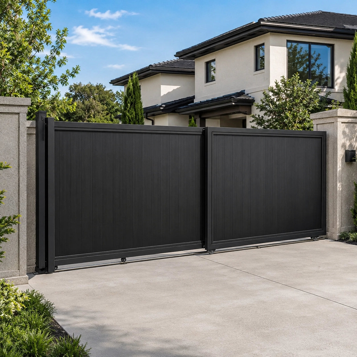 12ft full privacy black modern entrance sliding gate fully closed for estate security.