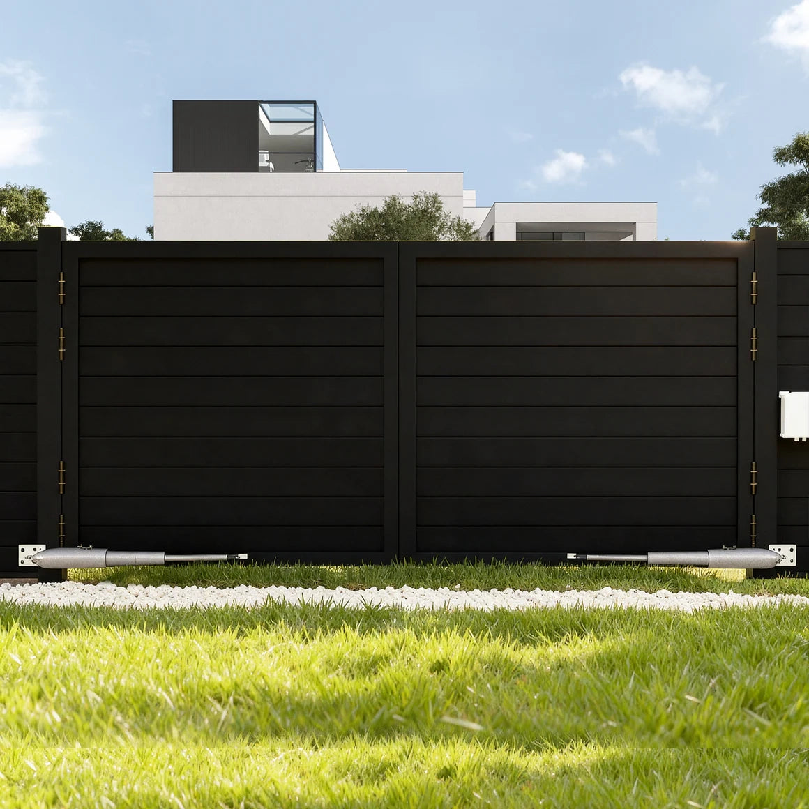 12ft full privacy aluminum double gate installed on a modern home driveway with grass.