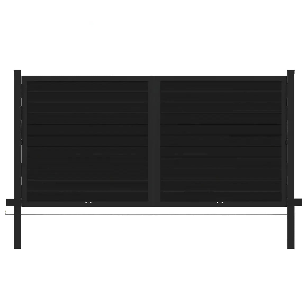 12ft black aluminum double driveway gate design blueprint with full privacy slats.